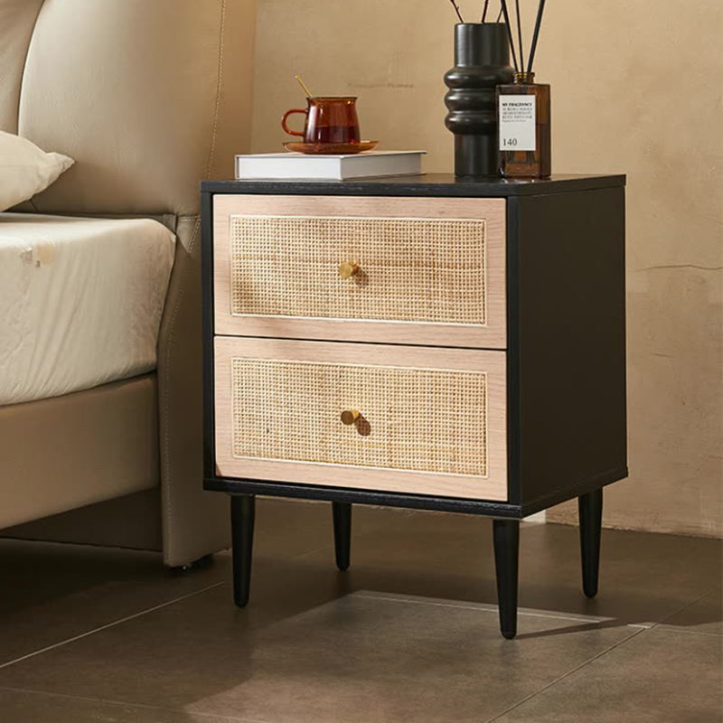 Traditional Japanese Rectangular MDF Rattan Weaving Nightstand 2-Drawer For Bedroom