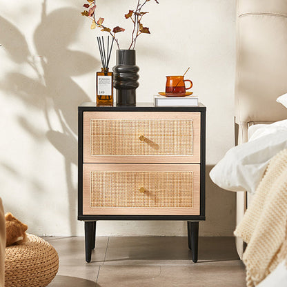 Traditional Japanese Rectangular MDF Rattan Weaving Nightstand 2-Drawer For Bedroom