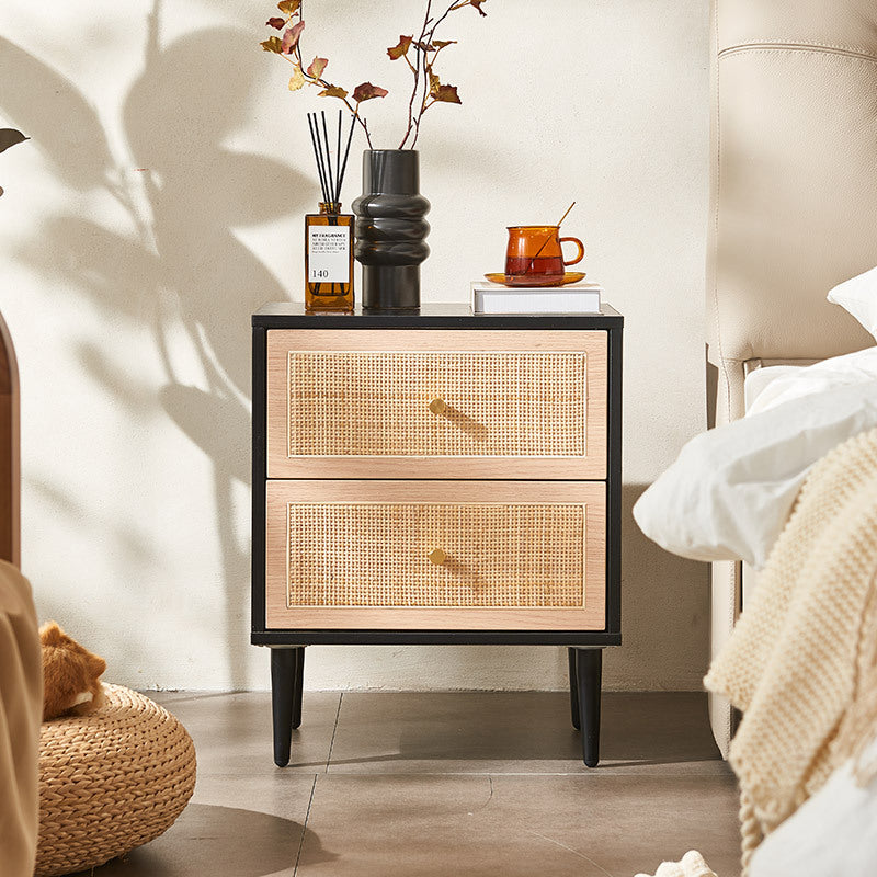 Traditional Japanese Rectangular MDF Rattan Weaving Nightstand 2-Drawer For Bedroom