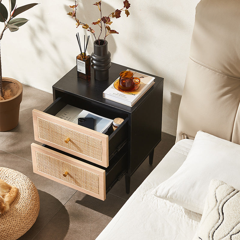Traditional Japanese Rectangular MDF Rattan Weaving Nightstand 2-Drawer For Bedroom