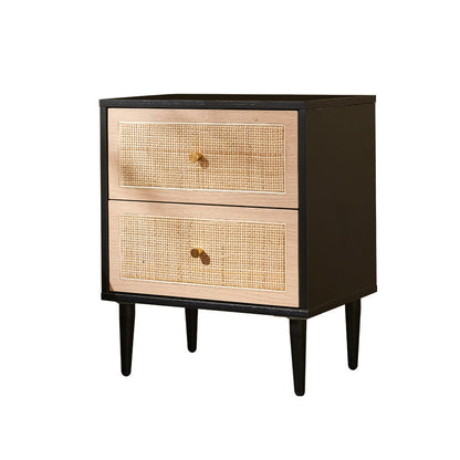Traditional Japanese Rectangular MDF Rattan Weaving Nightstand 2-Drawer For Bedroom