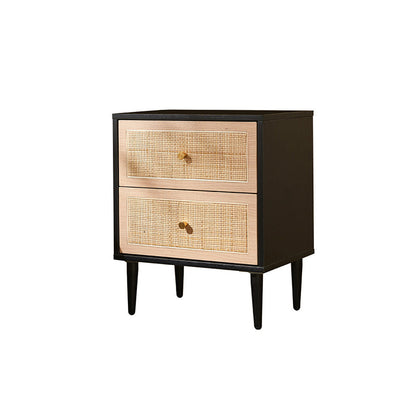 Traditional Japanese Rectangular MDF Rattan Weaving Nightstand 2-Drawer For Bedroom