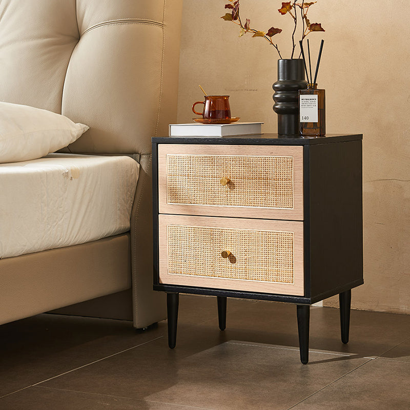 Traditional Japanese Rectangular MDF Rattan Weaving Nightstand 2-Drawer For Bedroom