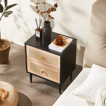Traditional Japanese Rectangular MDF Rattan Weaving Nightstand 2-Drawer For Bedroom