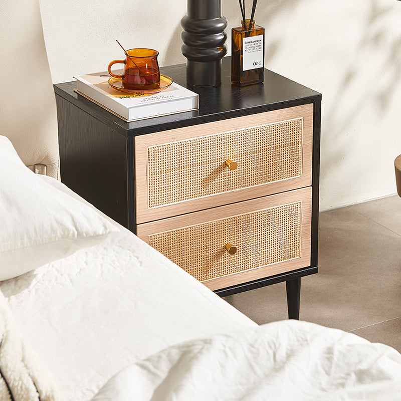 Traditional Japanese Rectangular MDF Rattan Weaving Nightstand 2-Drawer For Bedroom