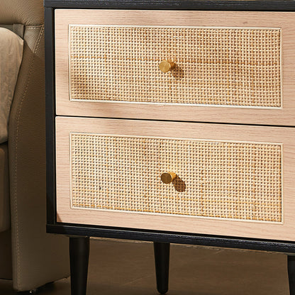 Traditional Japanese Rectangular MDF Rattan Weaving Nightstand 2-Drawer For Bedroom