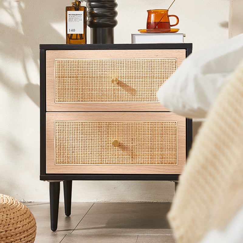Traditional Japanese Rectangular MDF Rattan Weaving Nightstand 2-Drawer For Bedroom