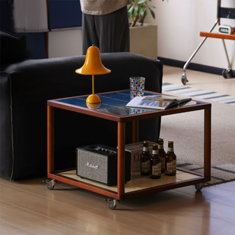 Contemporary Scandinavian Square Movable Boxwood Tempered Glass Solid Wood Multi-Layer Board End Table 2-Tier For Living Room