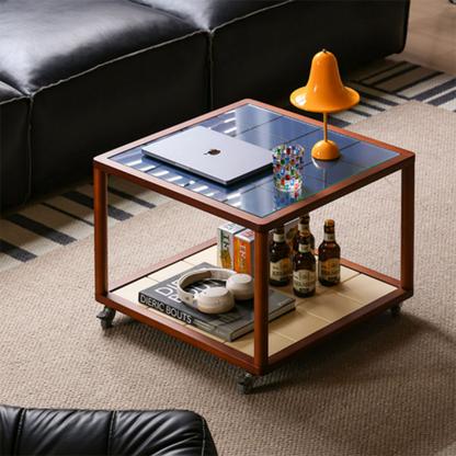 Contemporary Scandinavian Square Movable Boxwood Tempered Glass Solid Wood Multi-Layer Board End Table 2-Tier For Living Room