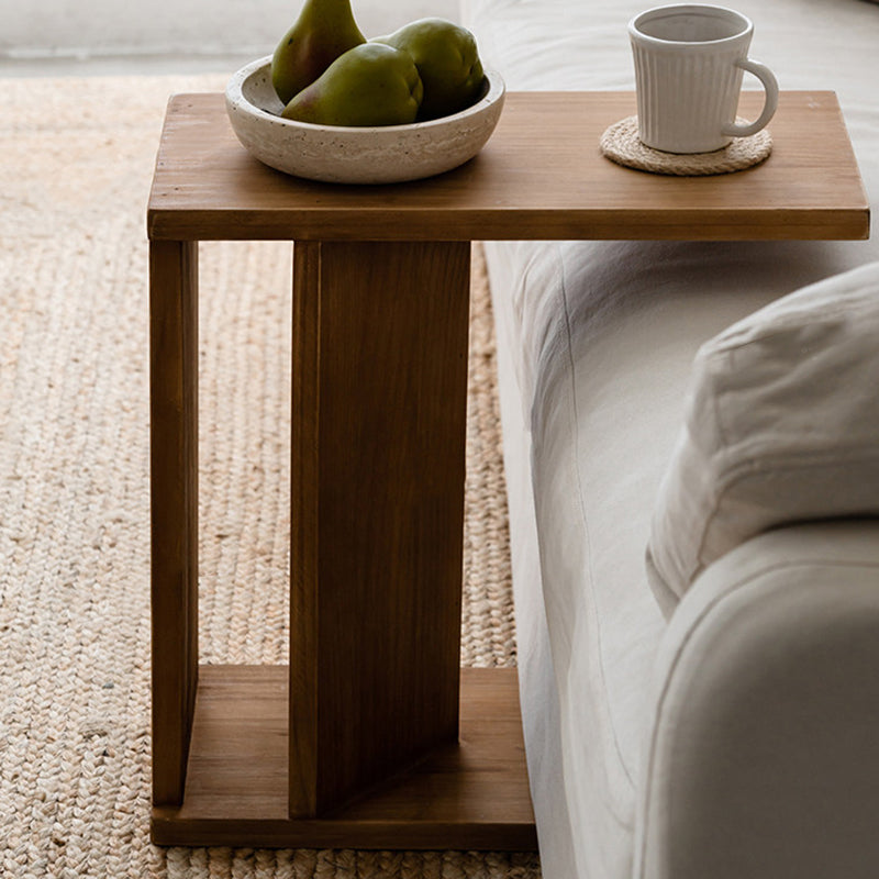 Traditional Rustic Rectangular Pine Wood End Table 2-Tier For Living Room