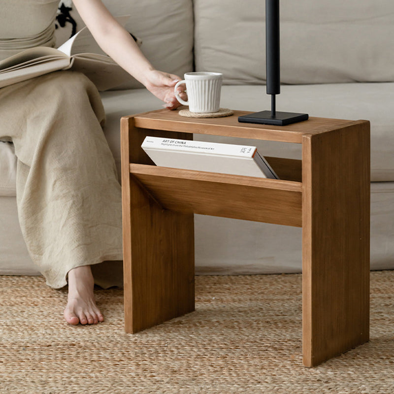 Traditional Rustic Rectangular Pine Wood End Table 2-Tier For Living Room