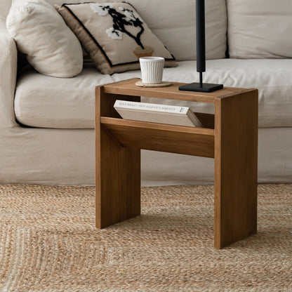 Traditional Rustic Rectangular Pine Wood End Table 2-Tier For Living Room