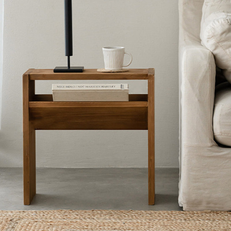 Traditional Rustic Rectangular Pine Wood End Table 2-Tier For Living Room