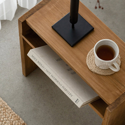 Traditional Rustic Rectangular Pine Wood End Table 2-Tier For Living Room