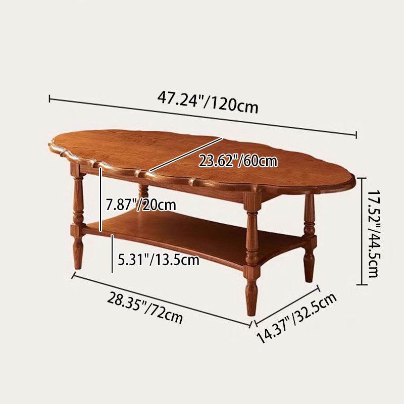 Traditional French Irregular Edge Oval Solid Rubberwood Coffee Table 2-Tier For Living Room