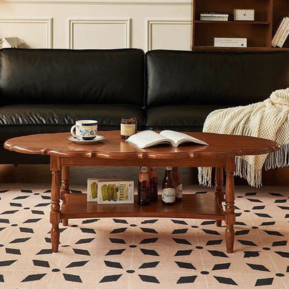 Traditional French Irregular Edge Oval Solid Rubberwood Coffee Table 2-Tier For Living Room