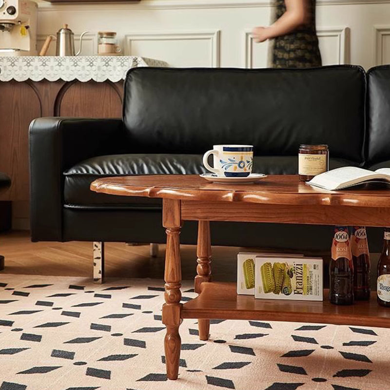 Traditional French Irregular Edge Oval Solid Rubberwood Coffee Table 2-Tier For Living Room