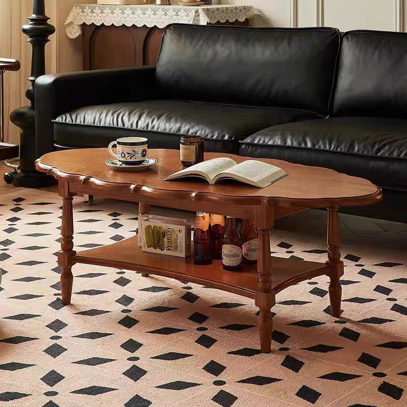 Traditional French Irregular Edge Oval Solid Rubberwood Coffee Table 2-Tier For Living Room