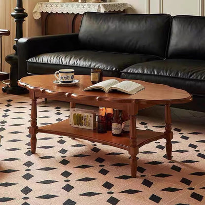 Traditional French Irregular Edge Oval Solid Rubberwood Coffee Table 2-Tier For Living Room