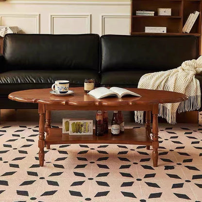 Traditional French Irregular Edge Oval Solid Rubberwood Coffee Table 2-Tier For Living Room