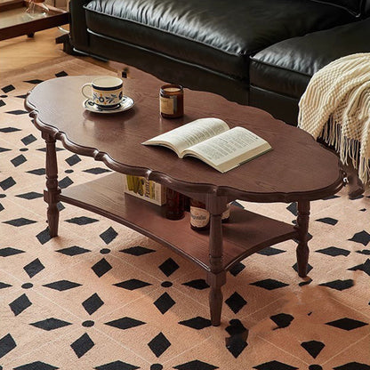 Traditional French Irregular Edge Oval Solid Rubberwood Coffee Table 2-Tier For Living Room