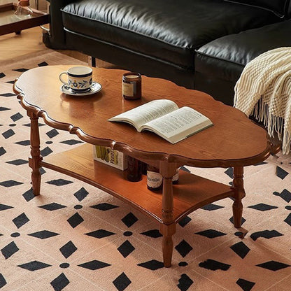 Traditional French Irregular Edge Oval Solid Rubberwood Coffee Table 2-Tier For Living Room