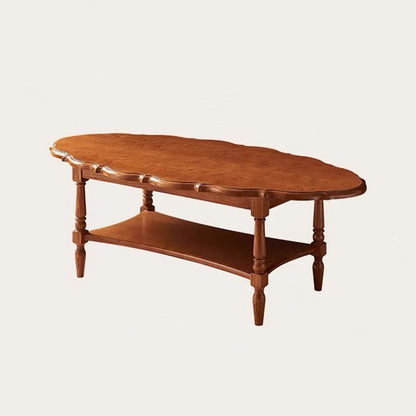 Traditional French Irregular Edge Oval Solid Rubberwood Coffee Table 2-Tier For Living Room