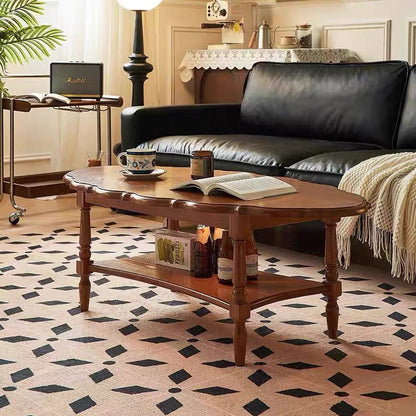 Traditional French Irregular Edge Oval Solid Rubberwood Coffee Table 2-Tier For Living Room