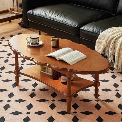 Traditional French Irregular Edge Oval Solid Rubberwood Coffee Table 2-Tier For Living Room