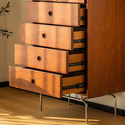 Traditional Vintage Rectangular Pine & Cherry Wood Solid Wood Multi-Layer Board Stainless Steel Storage Cabinet 5-Drawer For Living Room