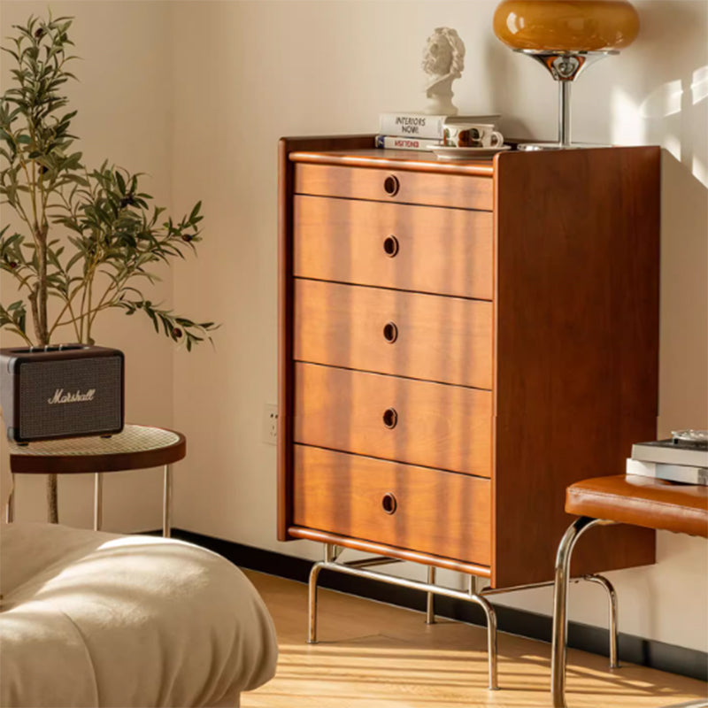 Traditional Vintage Rectangular Pine & Cherry Wood Solid Wood Multi-Layer Board Stainless Steel Storage Cabinet 5-Drawer For Living Room