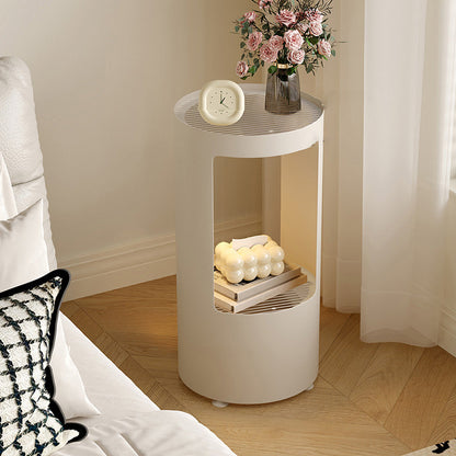 Contemporary Industrial Cylindrical Carbon Steel Fluted Glass USB Charging Sensor Light End Table 2-Tier For Living Room