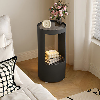 Contemporary Industrial Cylindrical Carbon Steel Fluted Glass USB Charging Sensor Light End Table 2-Tier For Living Room