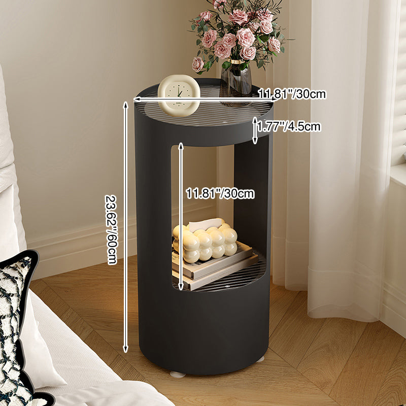 Contemporary Industrial Cylindrical Carbon Steel Fluted Glass USB Charging Sensor Light End Table 2-Tier For Living Room