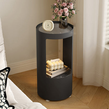 Contemporary Industrial Cylindrical Carbon Steel Fluted Glass USB Charging Sensor Light End Table 2-Tier For Living Room