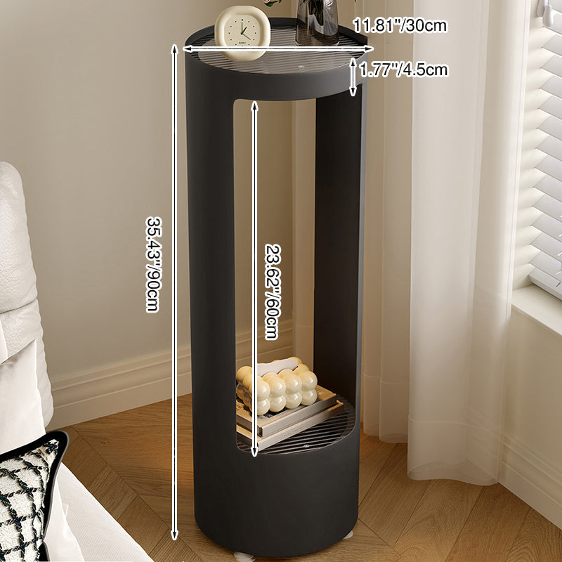 Contemporary Industrial Cylindrical Carbon Steel Fluted Glass USB Charging Sensor Light End Table 2-Tier For Living Room