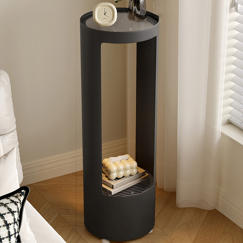 Contemporary Industrial Cylindrical Carbon Steel Fluted Glass USB Charging Sensor Light End Table 2-Tier For Living Room