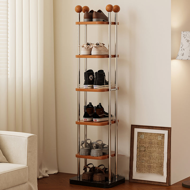 Traditional Vintage Rectangular Sturdy Solid Wood Stainless Steel Marble Durable Shoe Storage Rack 6-Tray For Entryway & Hallway