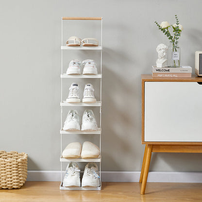 Modern Minimalist Rectangular Iron Wood Narrow Shoe Storage Rack 5/6-Tray For Entryway & Hallway