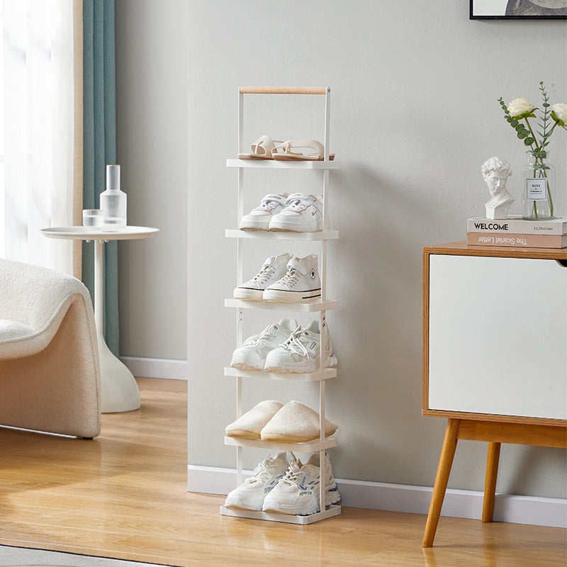 Modern Minimalist Rectangular Iron Wood Narrow Shoe Storage Rack 5/6-Tray For Entryway & Hallway