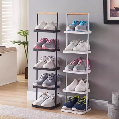 Modern Minimalist Rectangular Iron Wood Narrow Shoe Storage Rack 5/6-Tray For Entryway & Hallway