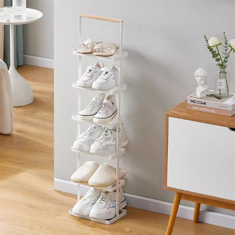 Modern Minimalist Rectangular Iron Wood Narrow Shoe Storage Rack 5/6-Tray For Entryway & Hallway