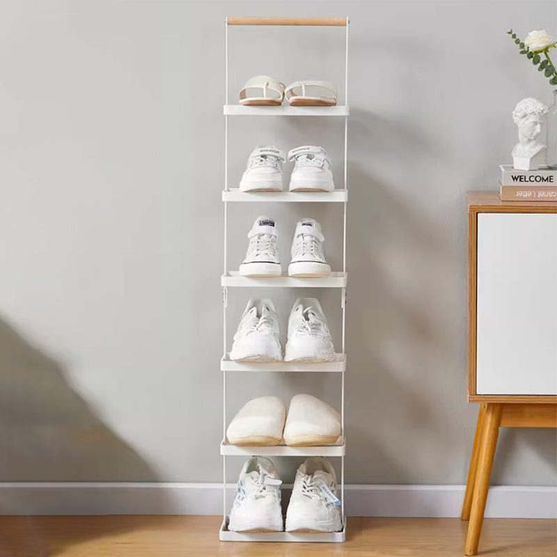 Modern Minimalist Rectangular Iron Wood Narrow Shoe Storage Rack 5/6-Tray For Entryway & Hallway