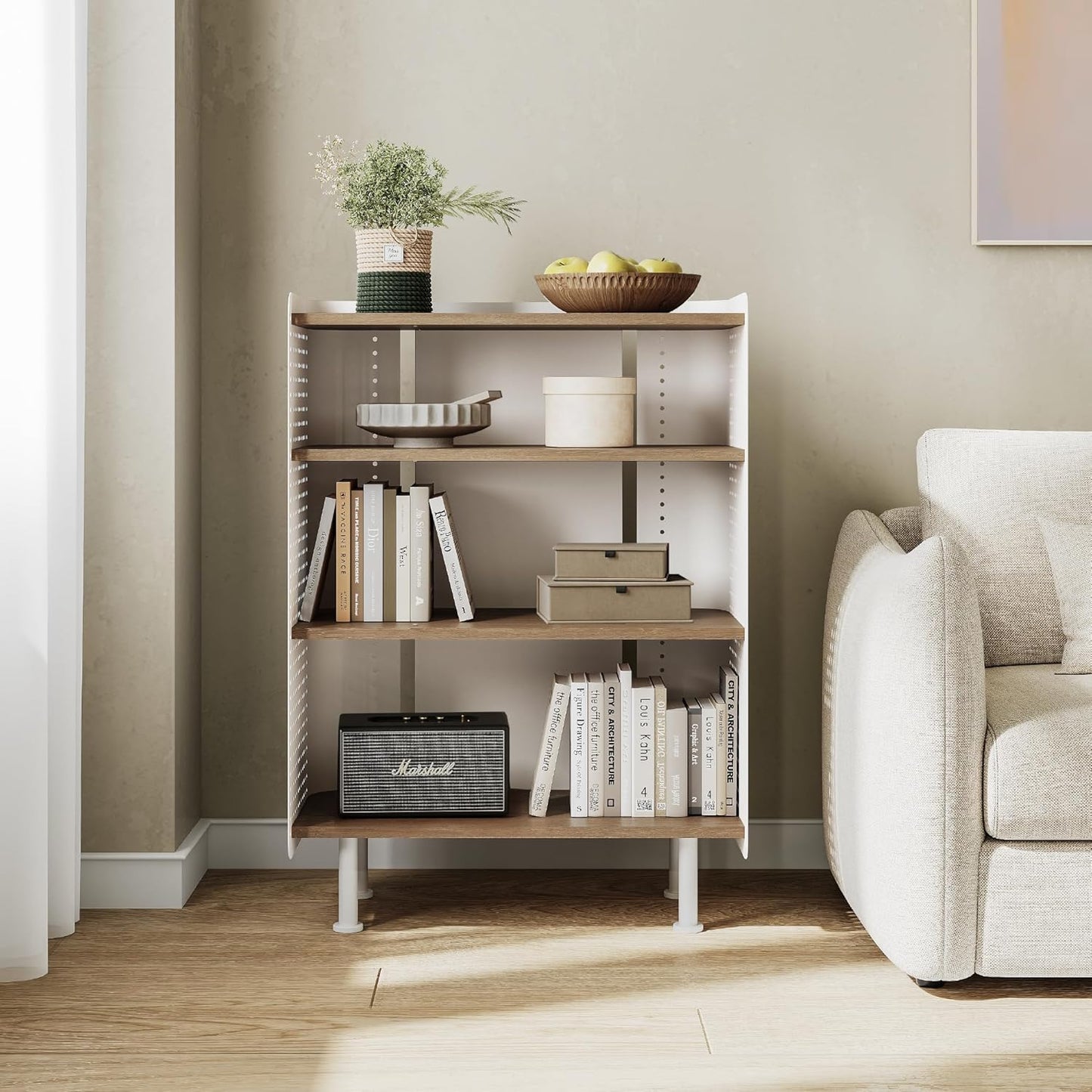 Contemporary Nordic Rectangular Carbon Steel Solid Wood Multi-Layer Board Bookshelf 4-Tier For Study Room