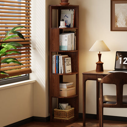 Modern Minimalist Fan-Shaped Solid Rubberwood Corner Storage Bookshelf 3/4/5-Tier For Study