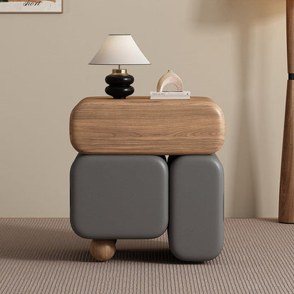 Contemporary Nordic Geometric Solid Wood Cat Scratch-Resistant Leather Nightstand 3-Drawer For Bedroom