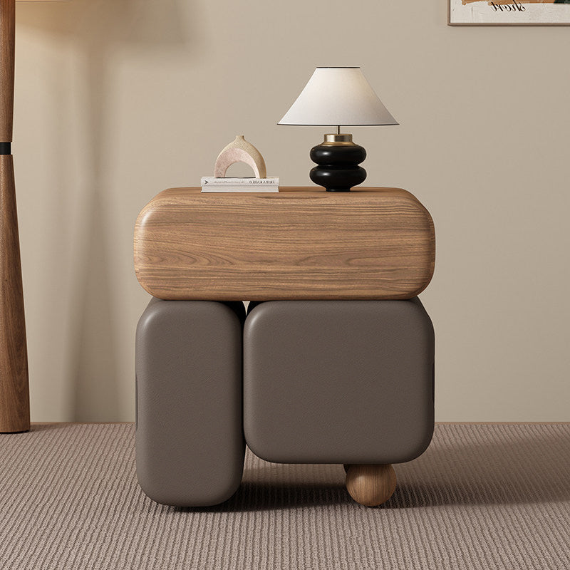 Contemporary Nordic Geometric Solid Wood Cat Scratch-Resistant Leather Nightstand 3-Drawer For Bedroom