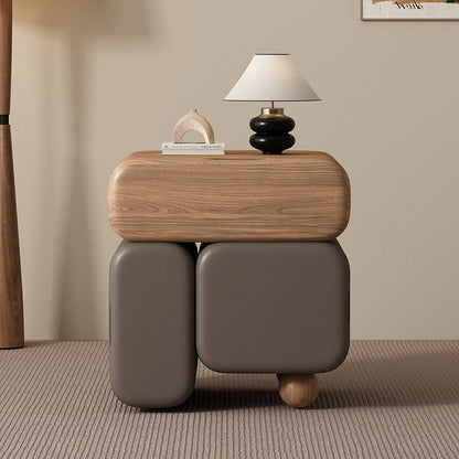 Contemporary Nordic Geometric Solid Wood Cat Scratch-Resistant Leather Nightstand 3-Drawer For Bedroom