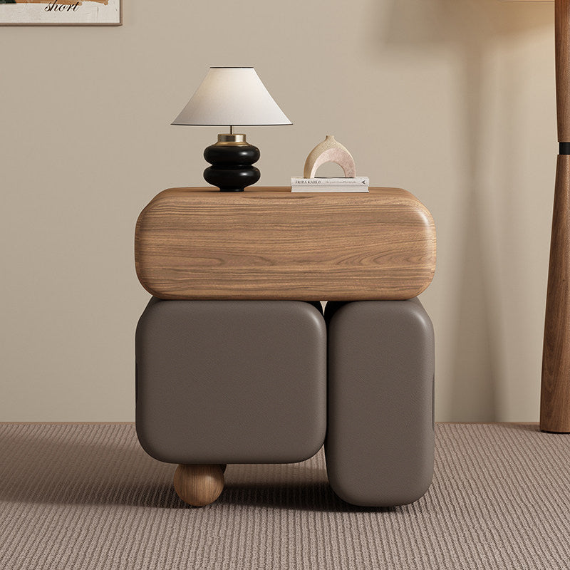 Contemporary Nordic Geometric Solid Wood Cat Scratch-Resistant Leather Nightstand 3-Drawer For Bedroom