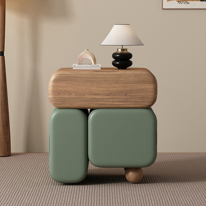 Contemporary Nordic Geometric Solid Wood Cat Scratch-Resistant Leather Nightstand 3-Drawer For Bedroom